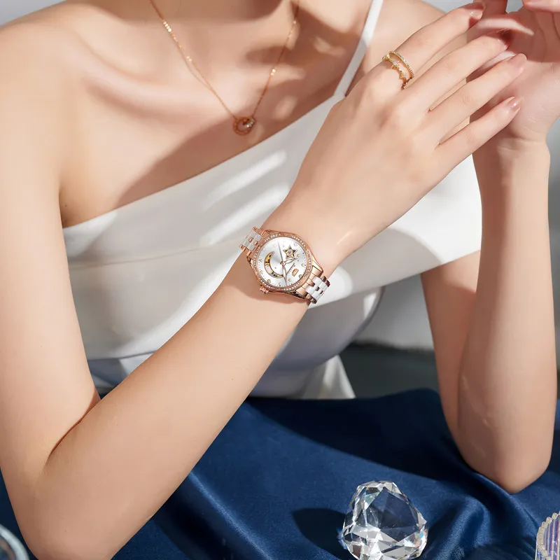 Jin Shi Dun Box Mechanical Movement Ceramic Strap Watch Women's Watch White Dial-4