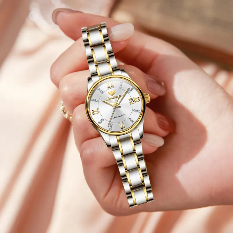 Jin Shi Dun Diamond Inlay Box Mechanical Movement Stainless Steel Watchband Watch Women's Watch White Dial-19