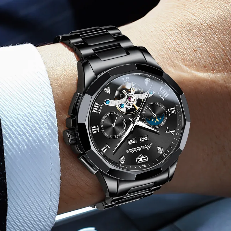 Jin Shi Dun Black Warrior Box Mechanical Movement Ceramic Strap Watch Men's Watches Black Dial-5