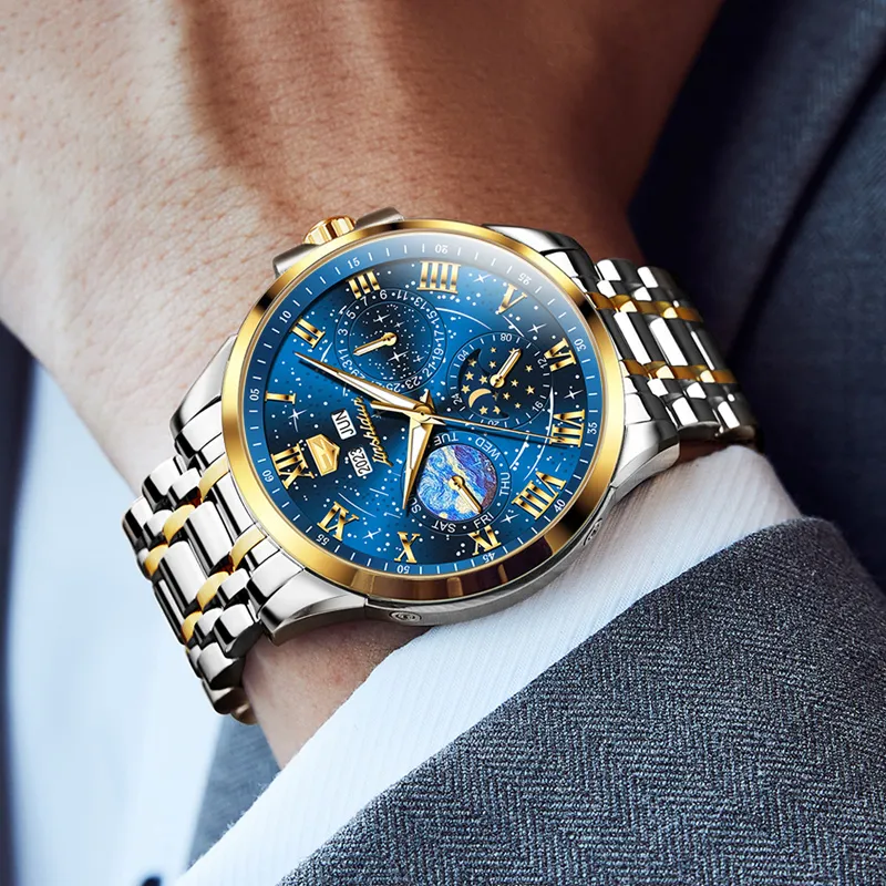 Jin Shi Dun Mechanical Movement Stainless Steel Watchband Watch Men's Watches Blue Dial-9