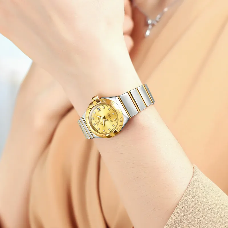 Jin Shi Dun Radiant Diamond Box Mechanical Movement Stainless Steel Watchband Watch Women's Watch White Dial-7