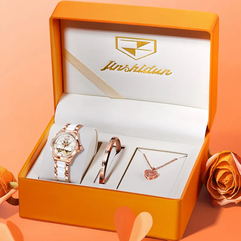 Jin Shi Dun Hollow Heart Design Box Mechanical Movement Watch Women's Watch White Dial-1