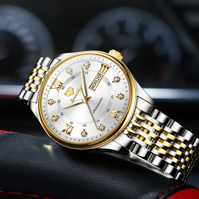 Jin Shi Dun Automatic Mechanical Movement Stainless Steel Watchband Watch Men's Watches White Dial-13