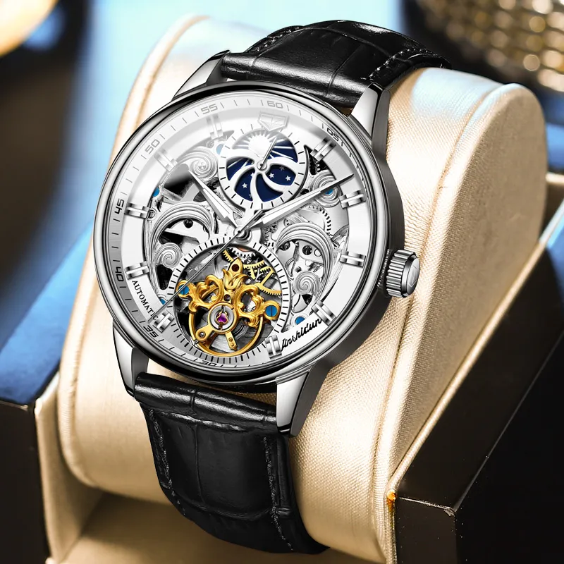 Jin Shi Dun Automatic Mechanical Movement Leather Strap Watch Men's Watches White Dial-1