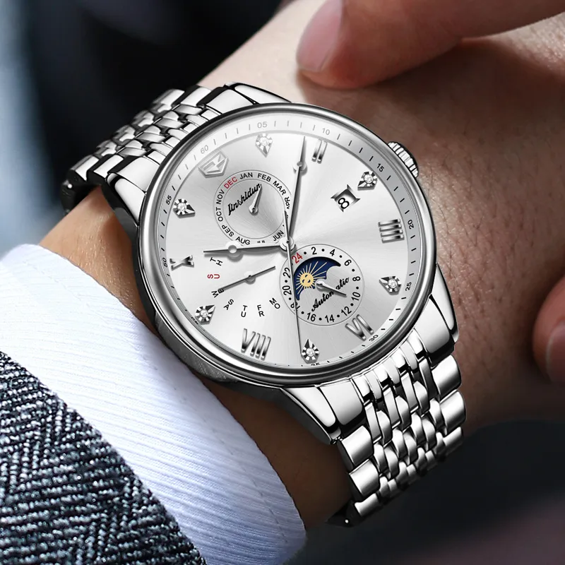 Jin Shi Dun New Trend Box Mechanical Movement Stainless Steel Watchband Watch Men's Watches White Dial-1