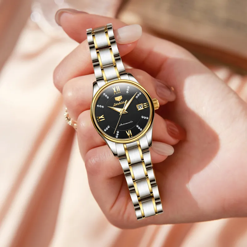 Jin Shi Dun Diamond Inlay Box Mechanical Movement Stainless Steel Watchband Watch Women's Watch White Dial-9