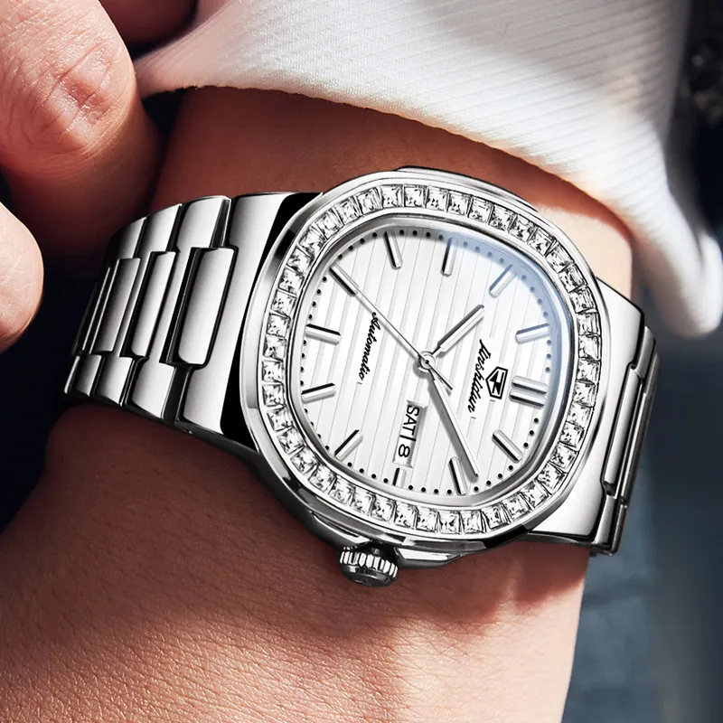 Jin Shi Dun Mechanical Movement Stainless Steel Watchband Watch Men's Watches White Dial-3