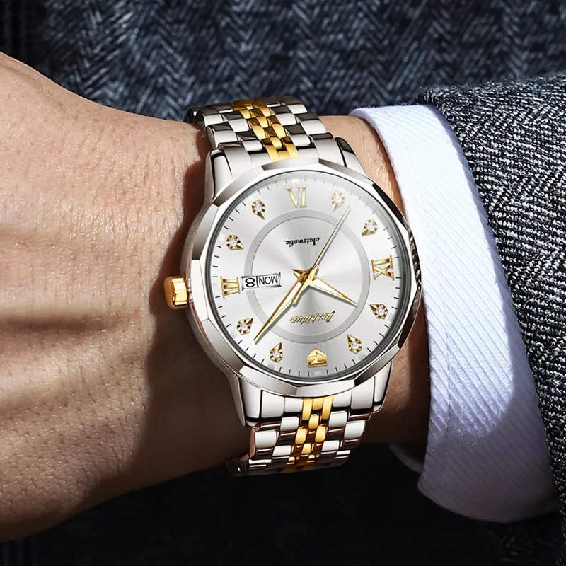 Jin Shi Dun Diamond Box Mechanical Movement Stainless Steel Watchband Watch Men's Watches White Dial-4
