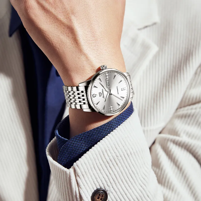Jin Shi Dun Men's Watch Box Mechanical Movement Stainless Steel Watchband Watch Men's Watches White Dial-2