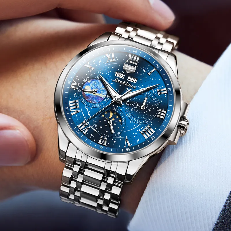 Jin Shi Dun Mechanical Movement Stainless Steel Watchband Watch Men's Watches Blue Dial-5
