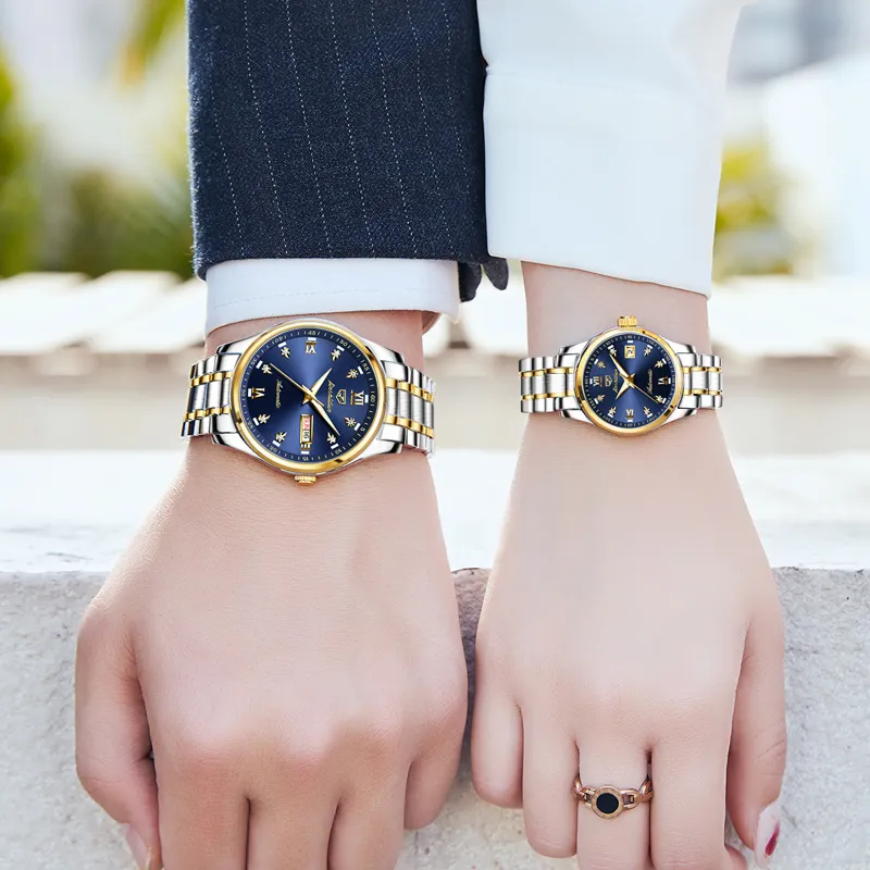 Jin Shi Dun Watch Box For Couples A Pair Mechanical Movement Stainless Steel Watchband Watch Unisex White Dial-23