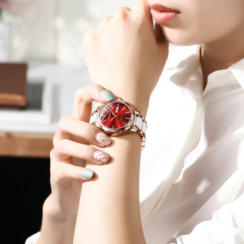 Jin Shi Dun Rhinestone Embellished Box Mechanical Movement Watch Women's Watch White Dial-23