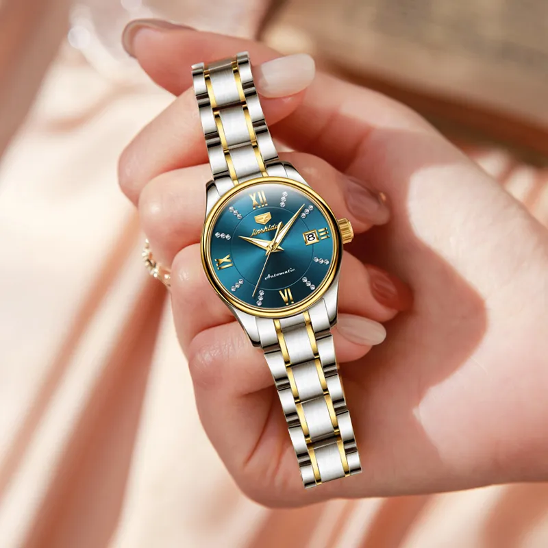 Jin Shi Dun Diamond Inlay Box Mechanical Movement Stainless Steel Watchband Watch Women's Watch White Dial-14