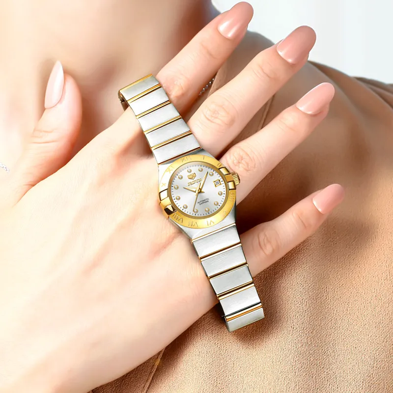 Jin Shi Dun Radiant Diamond Box Mechanical Movement Stainless Steel Watchband Watch Women's Watch White Dial-3
