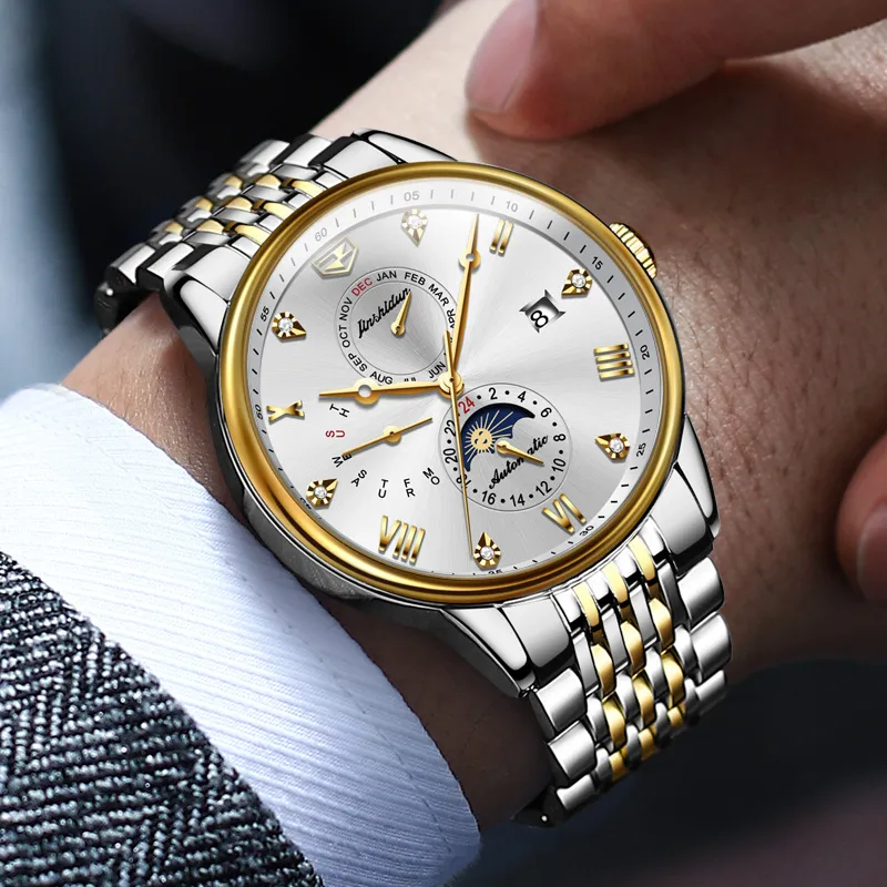 Jin Shi Dun New Trend Box Mechanical Movement Stainless Steel Watchband Watch Men's Watches White Dial-10