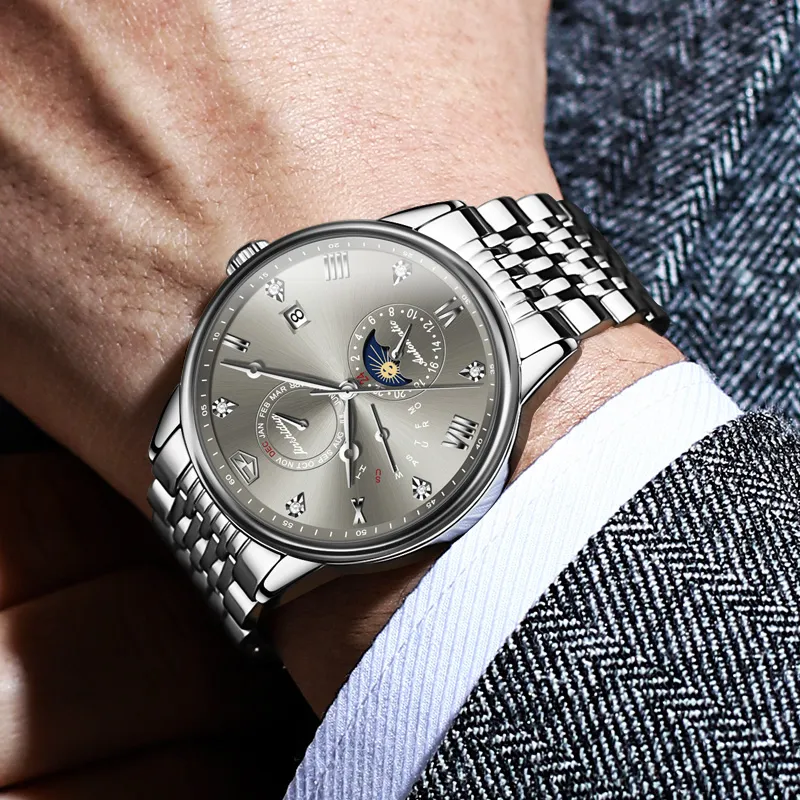 Jin Shi Dun New Trend Box Mechanical Movement Stainless Steel Watchband Watch Men's Watches White Dial-5