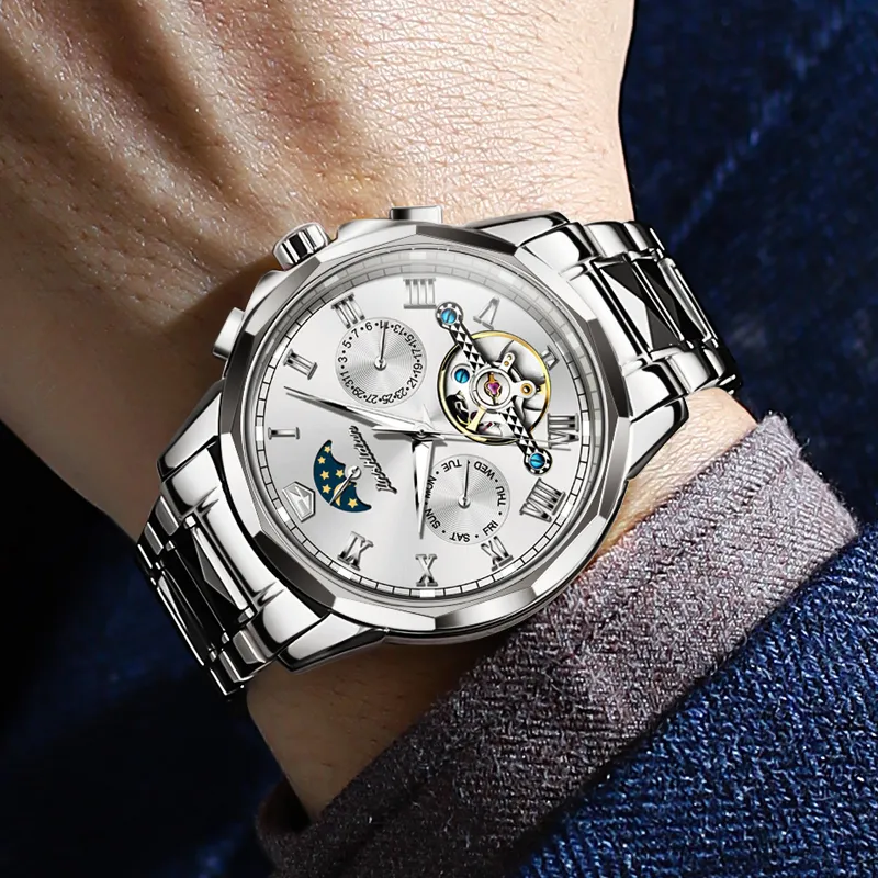 Jin Shi Dun Mechanical Movement Stainless Steel Watchband Watch Men's Watches White Dial-4