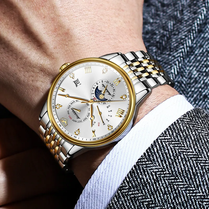 Jin Shi Dun New Trend Box Mechanical Movement Stainless Steel Watchband Watch Men's Watches White Dial-11