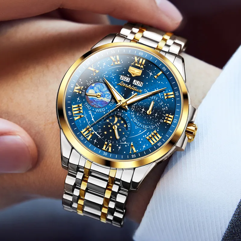 Jin Shi Dun Mechanical Movement Stainless Steel Watchband Watch Men's Watches Blue Dial-8