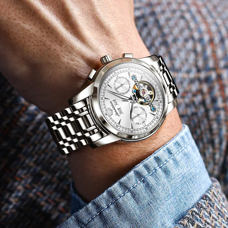 Jin Shi Dun Mechanical Movement Stainless Steel Watchband Watch Men's Watches White Dial-6
