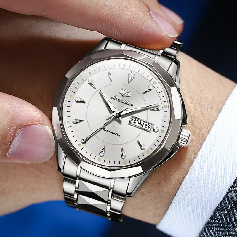Jin Shi Dun Box Mechanical Movement Stainless Steel Watchband Watch Men's Watches White Dial-3