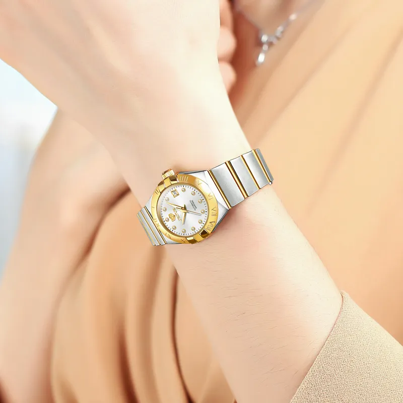 Jin Shi Dun Radiant Diamond Box Mechanical Movement Stainless Steel Watchband Watch Women's Watch White Dial-2