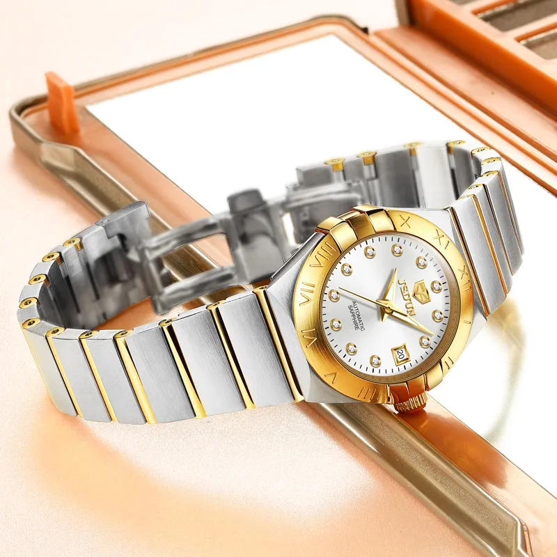 Jin Shi Dun Radiant Diamond Box Mechanical Movement Stainless Steel Watchband Watch Women's Watch White Dial-1