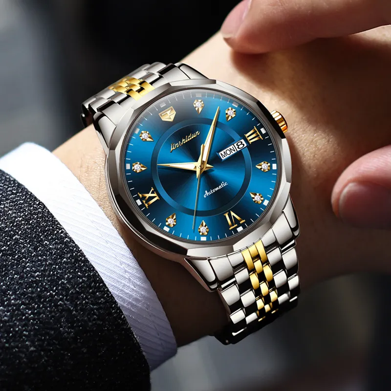Jin Shi Dun Diamond Box Mechanical Movement Stainless Steel Watchband Watch Men's Watches White Dial-11
