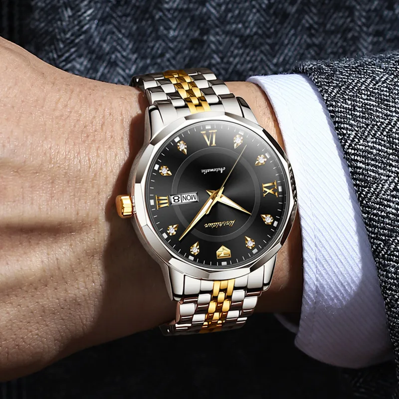 Jin Shi Dun Diamond Box Mechanical Movement Stainless Steel Watchband Watch Men's Watches White Dial-7