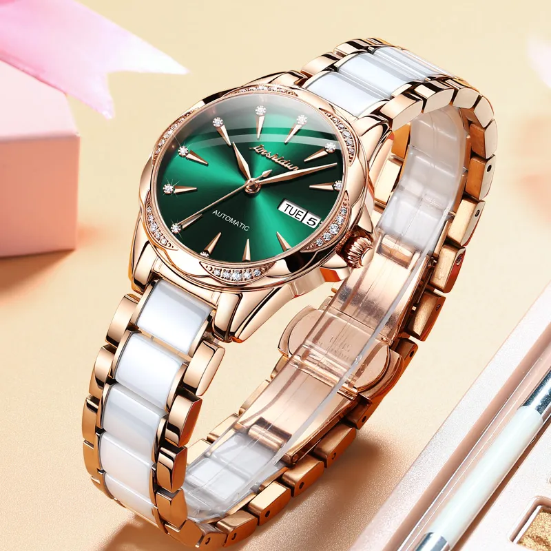 Jin Shi Dun Rhinestone Embellished Box Mechanical Movement Watch Women's Watch White Dial-10