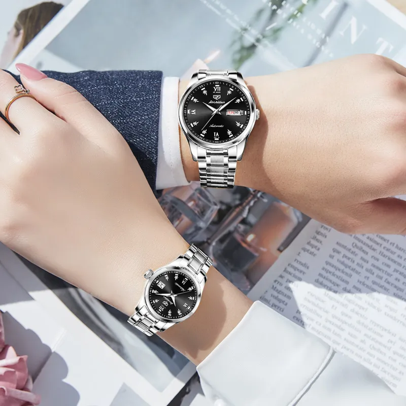 Jin Shi Dun Watch Box For Couples A Pair Mechanical Movement Stainless Steel Watchband Watch Unisex White Dial-4