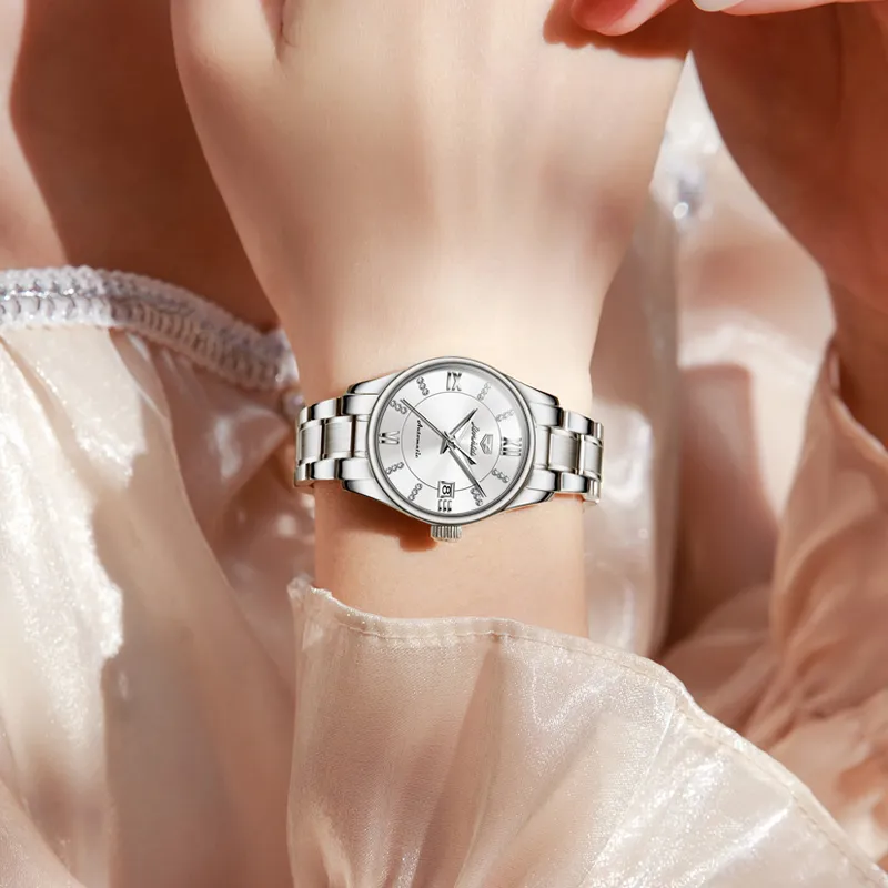 Jin Shi Dun Diamond Inlay Box Mechanical Movement Stainless Steel Watchband Watch Women's Watch White Dial-2