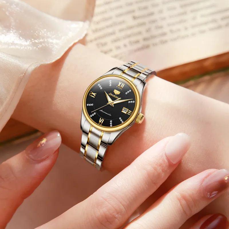 Jin Shi Dun Diamond Inlay Box Mechanical Movement Stainless Steel Watchband Watch Women's Watch White Dial-8