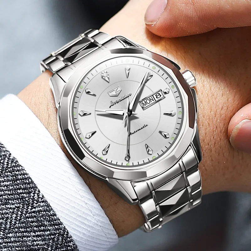Jin Shi Dun Box Mechanical Movement Stainless Steel Watchband Watch Men's Watches White Dial-2