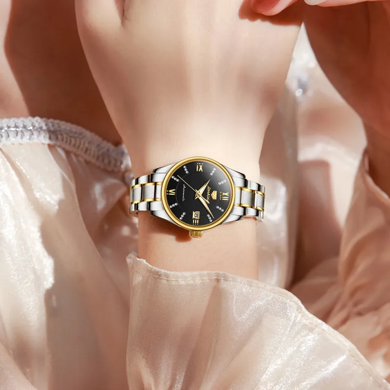 Jin Shi Dun Diamond Inlay Box Mechanical Movement Stainless Steel Watchband Watch Women's Watch White Dial-7