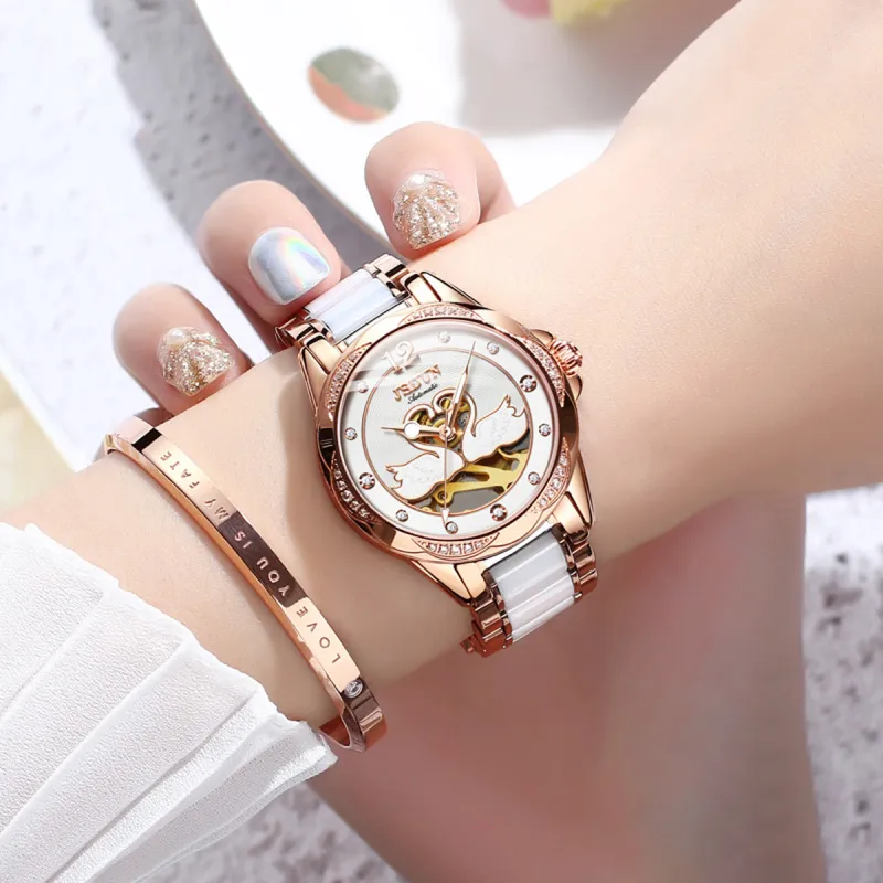 Jin Shi Dun Hollow Heart Design Box Mechanical Movement Watch Women's Watch White Dial-3
