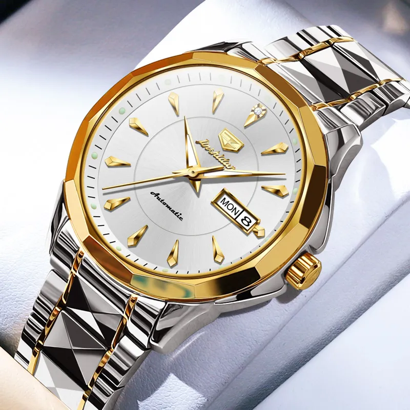 Jin Shi Dun Box Mechanical Movement Stainless Steel Watchband Watch Men's Watches White Dial-19