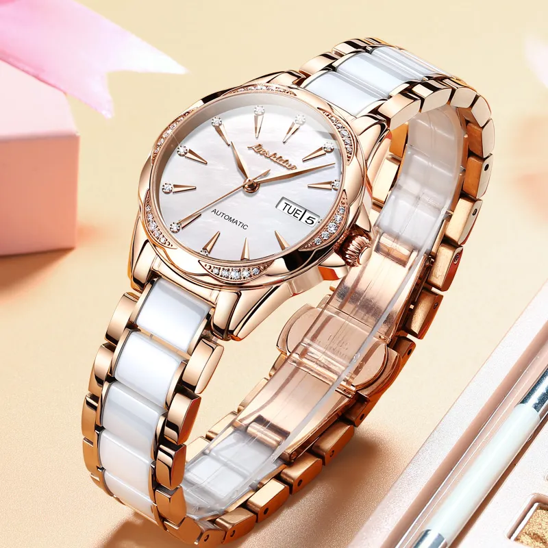 Jin Shi Dun Rhinestone Embellished Box Mechanical Movement Watch Women's Watch White Dial-4