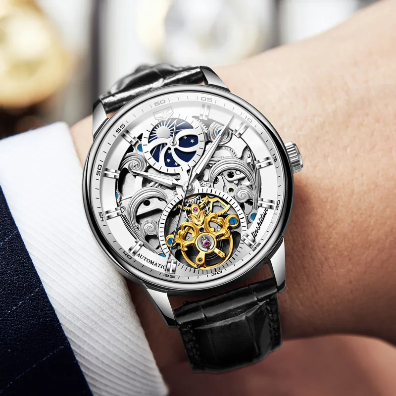 Jin Shi Dun Automatic Mechanical Movement Leather Strap Watch Men's Watches White Dial-2