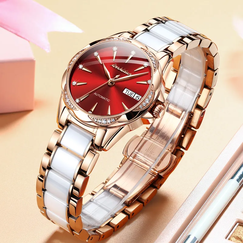 Jin Shi Dun Rhinestone Embellished Box Mechanical Movement Watch Women's Watch White Dial-22