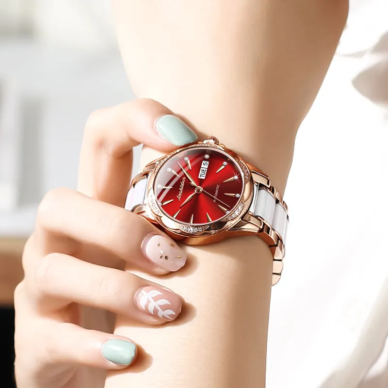 Jin Shi Dun Rhinestone Embellished Box Mechanical Movement Watch Women's Watch White Dial-21