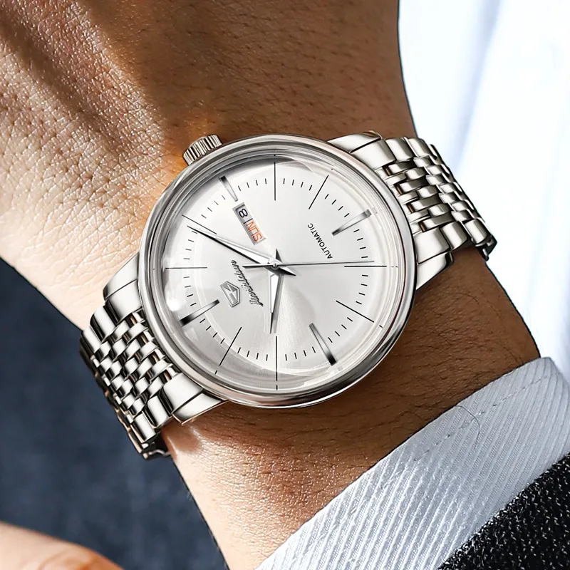 Jin Shi Dun Mechanical Movement Stainless Steel Watchband Watch Men's Watches White Dial-2