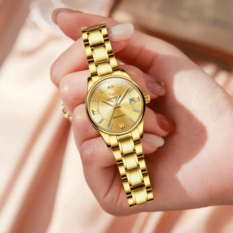 Jin Shi Dun Diamond Inlay Box Mechanical Movement Stainless Steel Watchband Watch Women's Watch White Dial-23