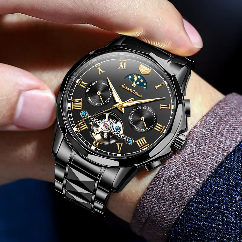 Jin Shi Dun Mechanical Movement Stainless Steel Watchband Watch Men's Watches White Dial-6