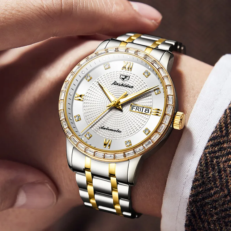 Jin Shi Dun Mechanical Movement Stainless Steel Watchband Watch Men's Watches White Dial-3