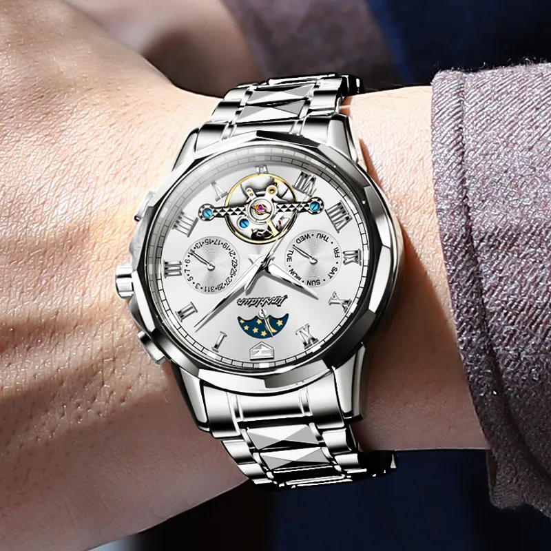 Jin Shi Dun Mechanical Movement Stainless Steel Watchband Watch Men's Watches White Dial-3