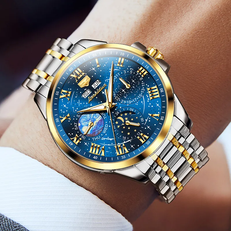 Jin Shi Dun Mechanical Movement Stainless Steel Watchband Watch Men's Watches Blue Dial-7