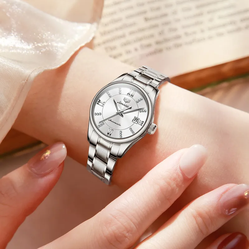 Jin Shi Dun Diamond Inlay Box Mechanical Movement Stainless Steel Watchband Watch Women's Watch White Dial-3