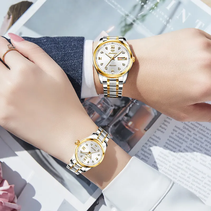 Jin Shi Dun Watch Box For Couples A Pair Mechanical Movement Stainless Steel Watchband Watch Unisex White Dial-14