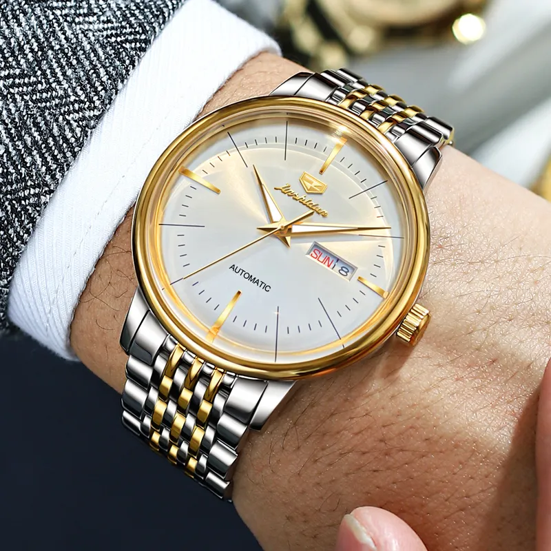 Jin Shi Dun Mechanical Movement Stainless Steel Watchband Watch Men's Watches White Dial-6